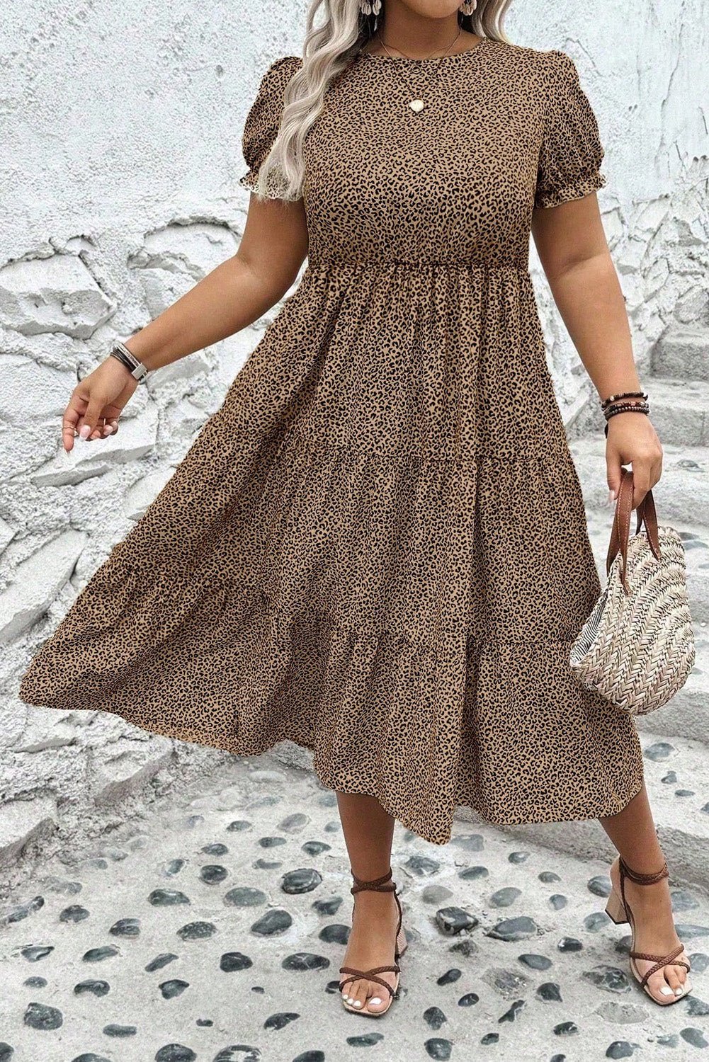 Beige Plus Size Leopard Print Frill Trim Short Sleeve Flared Dress - The Charming Petite