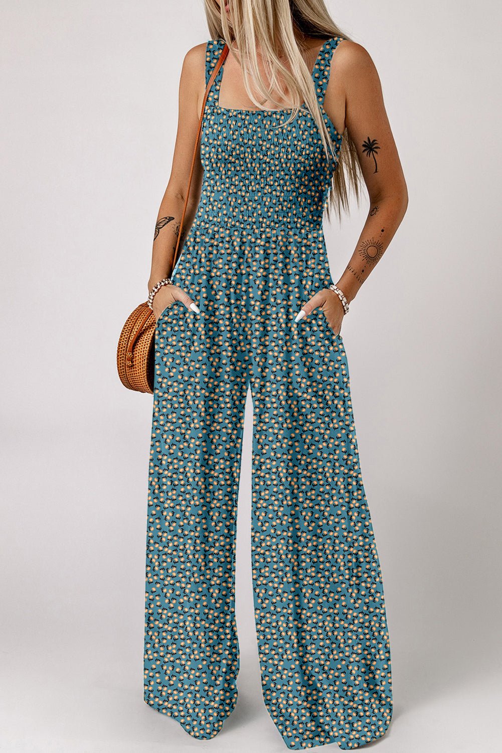 Black Floral Square Neckline Stretch High Waist Jumpsuit - The Charming Petite