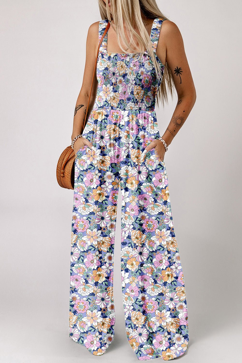 Black Floral Square Neckline Stretch High Waist Jumpsuit - The Charming Petite