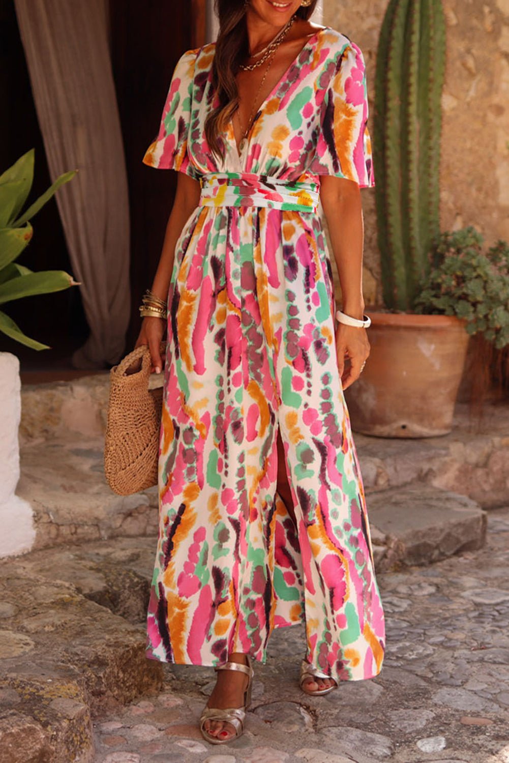 Bohemian V - Neck Side Split Dress - The Charming Petite