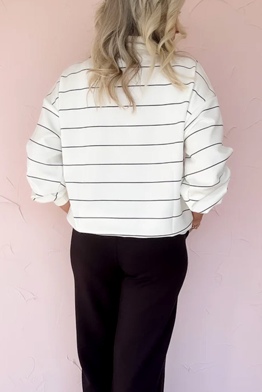 White Striped Zipper Front Drop sleeve Top - The Charming Petite
