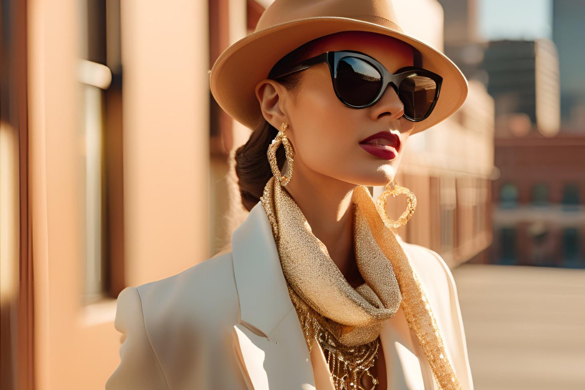 Variety of women's fashion accessories with trendy hats, colorful scarves, and designer sunglasses