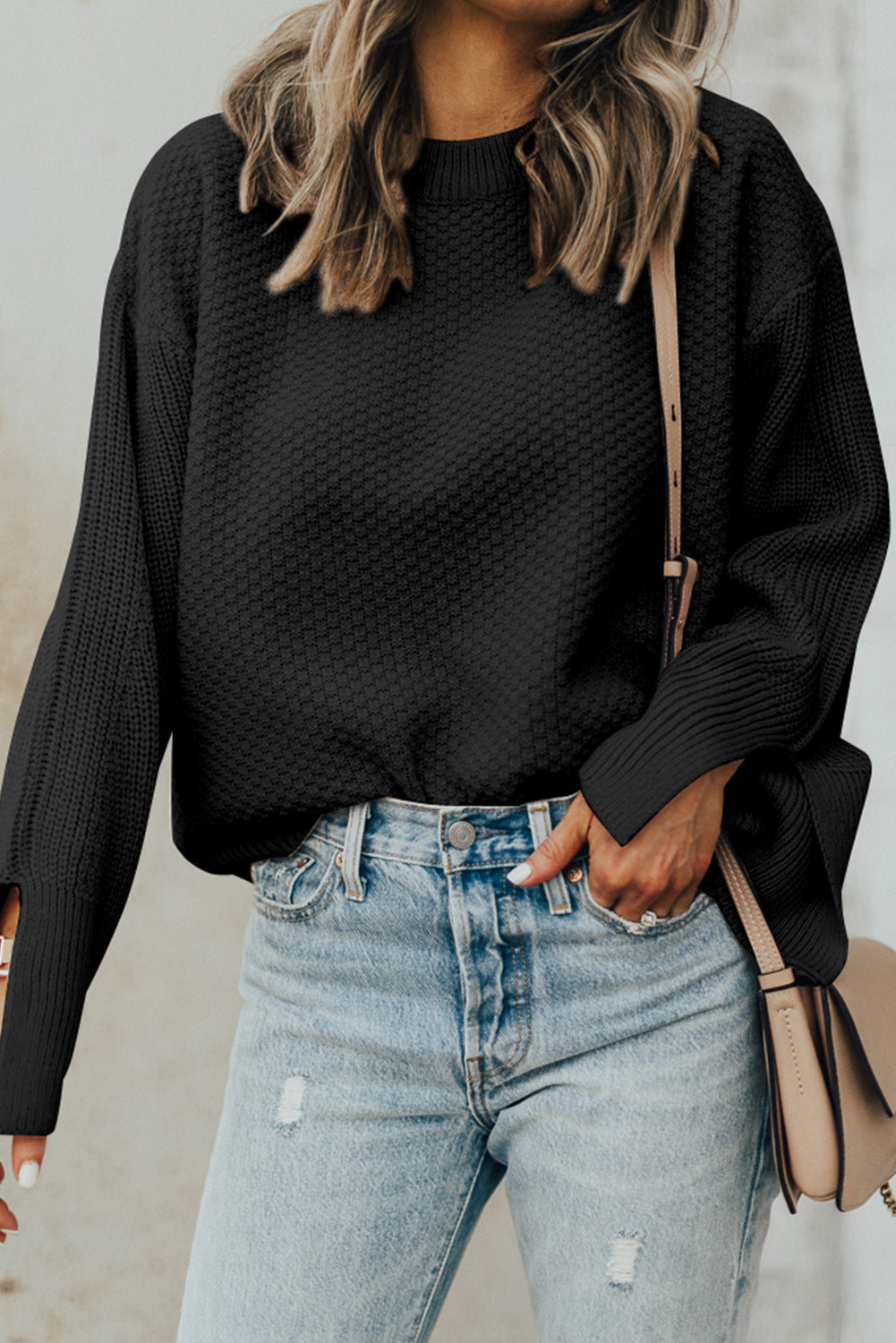 Chic Textured Knit Split Cuff Sweater