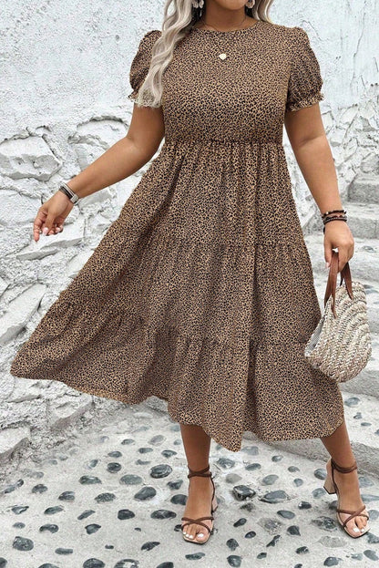 Beige Plus Size Leopard Print Frill Trim Short Sleeve Flared Dress - The Charming Petite