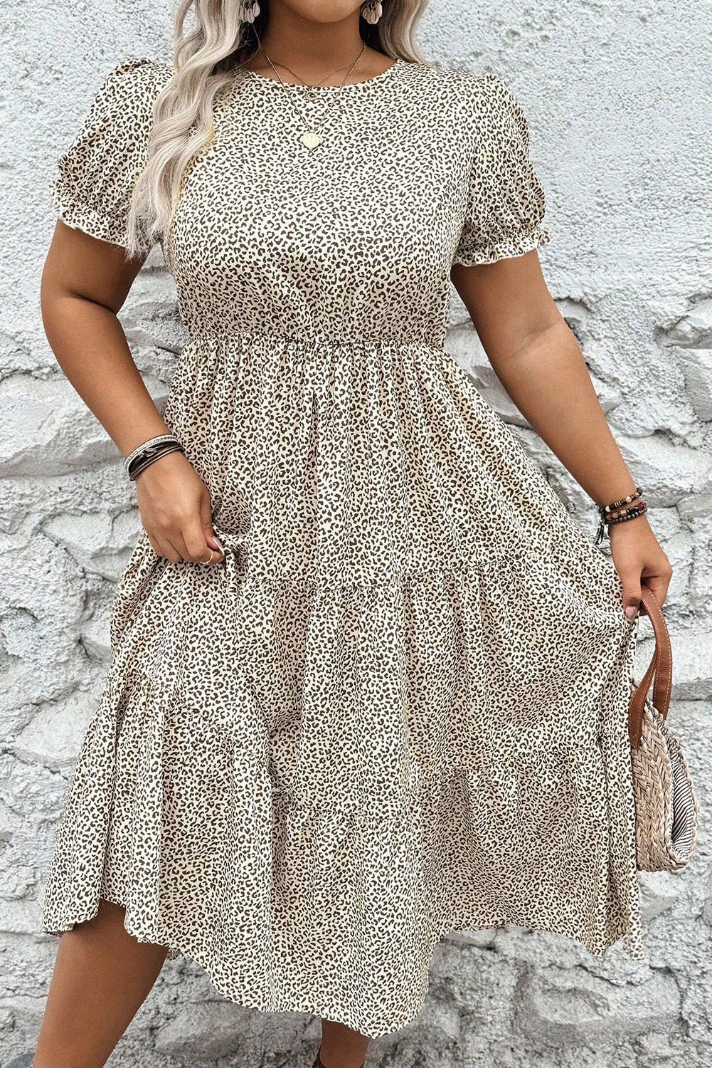 Beige Plus Size Leopard Print Frill Trim Short Sleeve Flared Dress - The Charming Petite