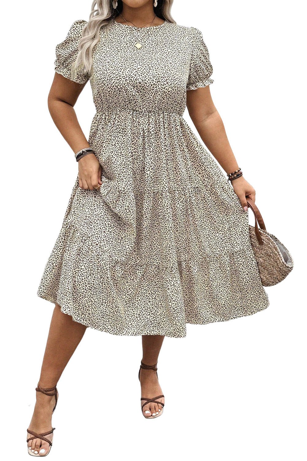 Beige Plus Size Leopard Print Frill Trim Short Sleeve Flared Dress - The Charming Petite