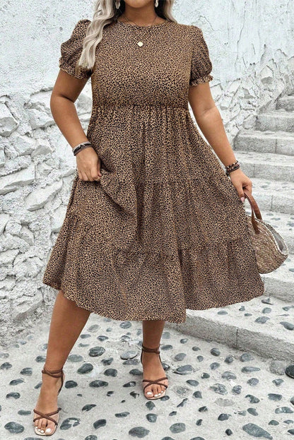 Beige Plus Size Leopard Print Frill Trim Short Sleeve Flared Dress - The Charming Petite