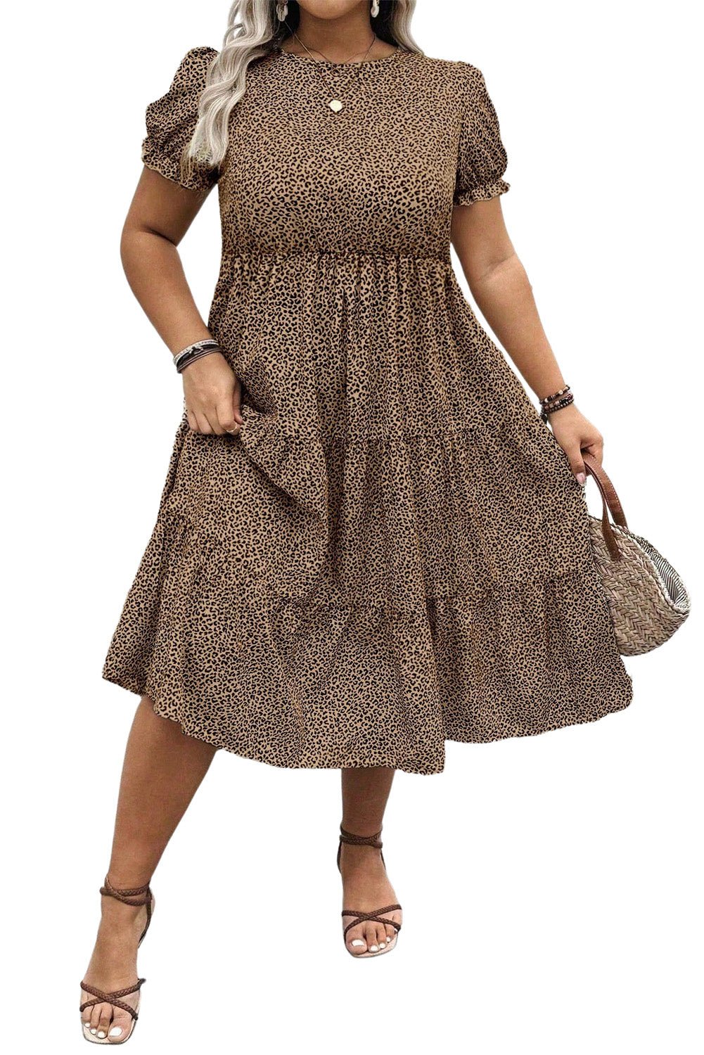 Beige Plus Size Leopard Print Frill Trim Short Sleeve Flared Dress - The Charming Petite