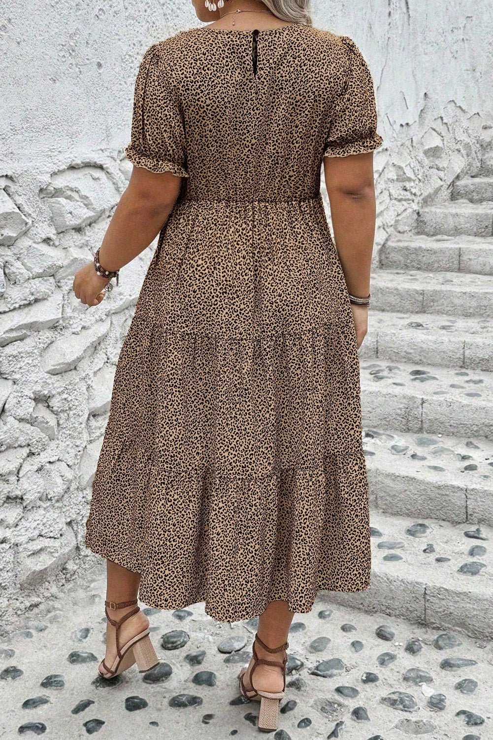 Beige Plus Size Leopard Print Frill Trim Short Sleeve Flared Dress - The Charming Petite