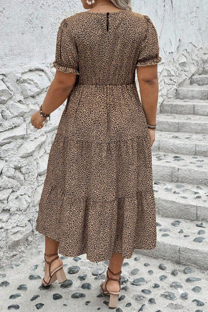 Beige Plus Size Leopard Print Frill Trim Short Sleeve Flared Dress - The Charming Petite