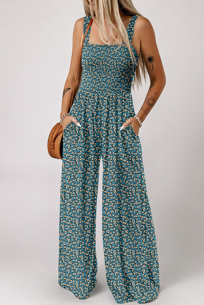 Black Floral Square Neckline Stretch High Waist Jumpsuit - The Charming Petite