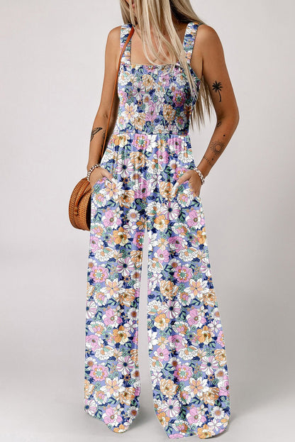 Black Floral Square Neckline Stretch High Waist Jumpsuit - The Charming Petite
