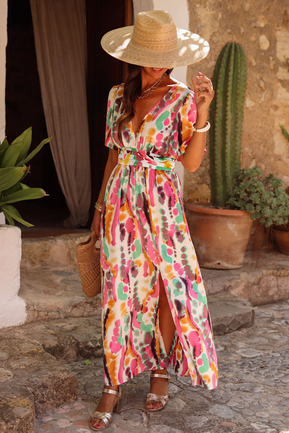 Bohemian V - Neck Side Split Dress - The Charming Petite