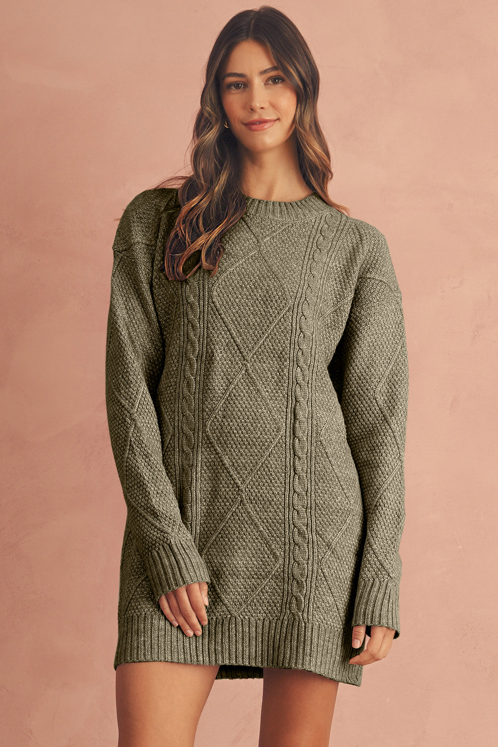 Parchment Twist Cable Knit Drop Shoulder Loose Fit Sweater Dress - The Charming Petite