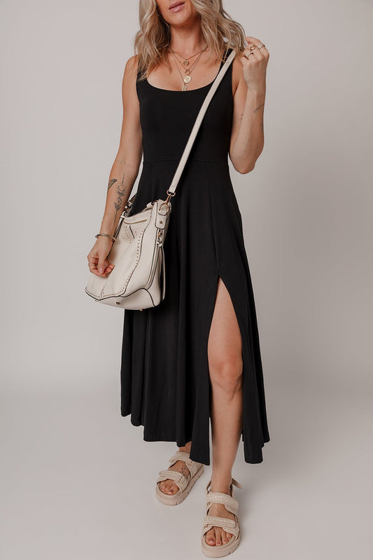 Elegant Black Scoop Neck Flared Midi Dress - The Charming Petite