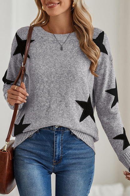 Khaki Star Pattern Drop Shoulder Knit Sweater - The Charming Petite