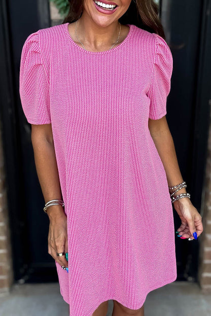 Mint Green Corded Crew Neck Puff Sleeve Mini Dress - The Charming Petite