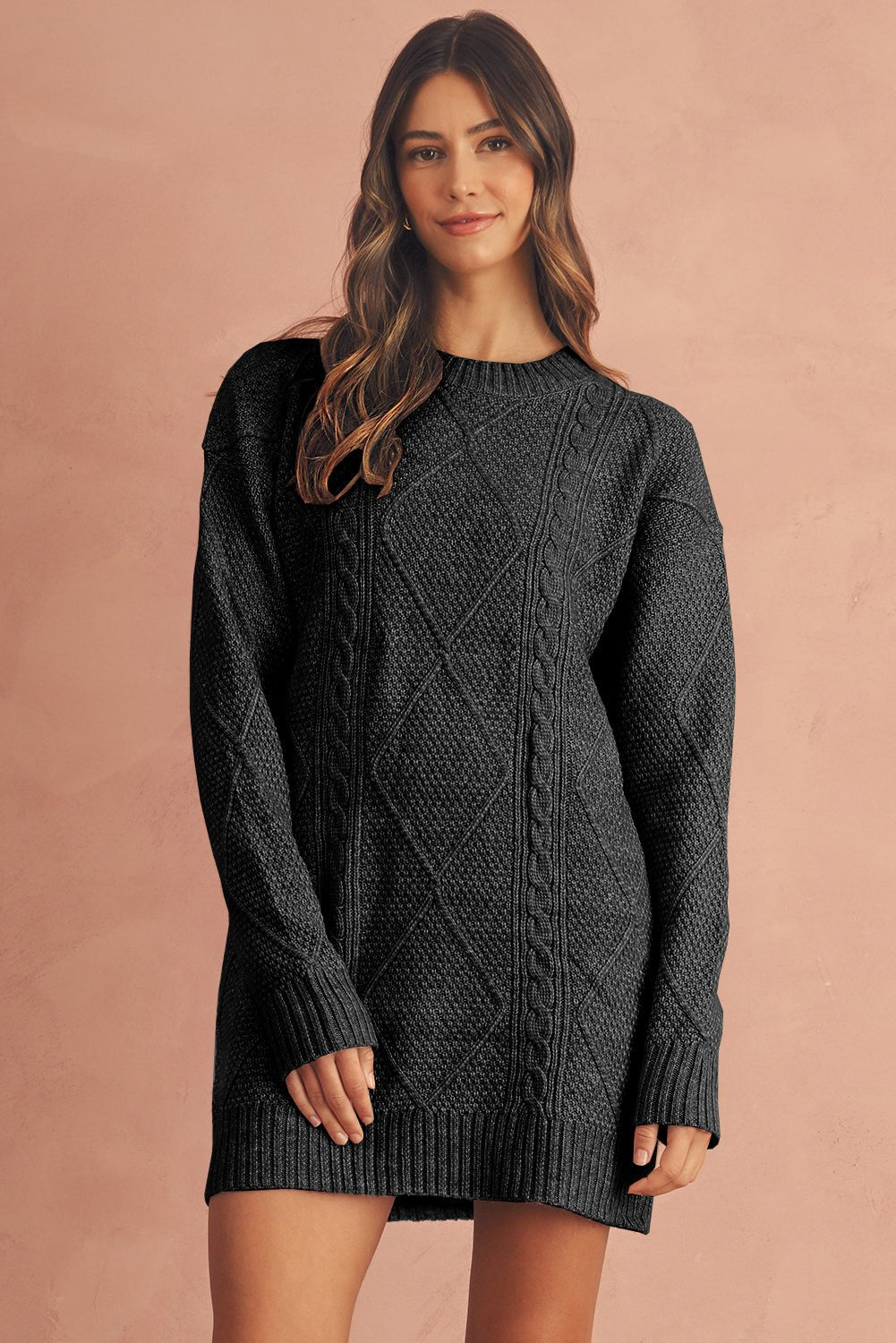 Parchment Twist Cable Knit Drop Shoulder Loose Fit Sweater Dress - The Charming Petite