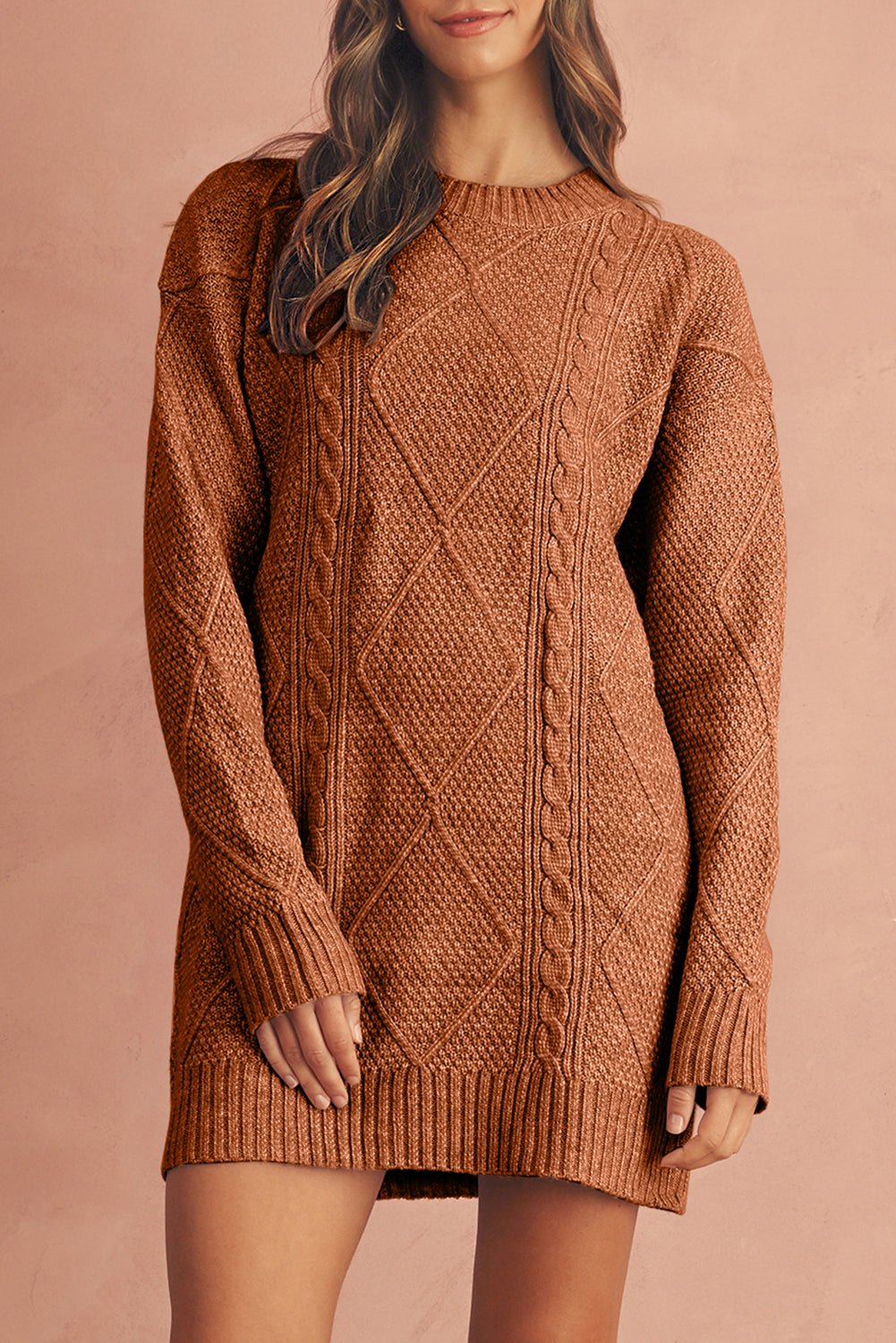 Parchment Twist Cable Knit Drop Shoulder Loose Fit Sweater Dress - The Charming Petite