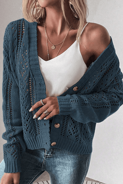 Real Teal Hollow Knit Drop Shoulder Cardigan - The Charming Petite