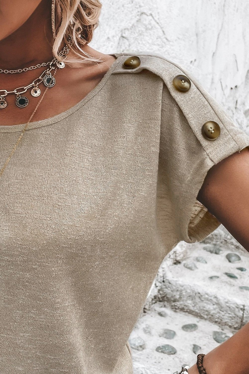 Smoke Gray Solid Color Button Decor Batwing Sleeve Tee - The Charming Petite