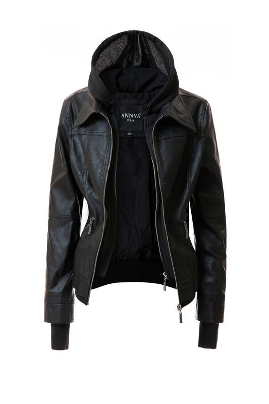 Trendy PU Leather Jacket with Hood - The Charming Petite