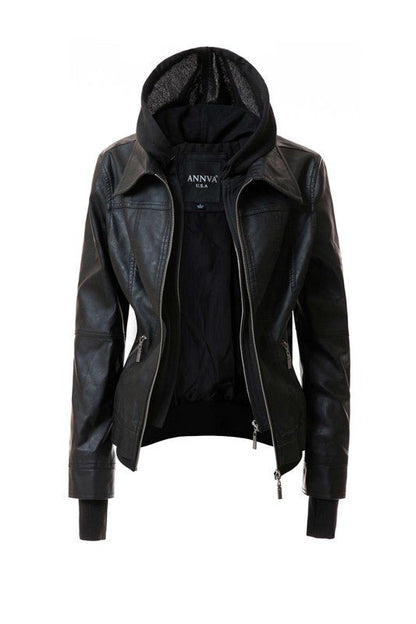 Trendy PU Leather Jacket with Hood - The Charming Petite