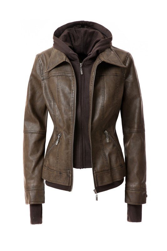 Trendy PU Leather Jacket with Hood - The Charming Petite