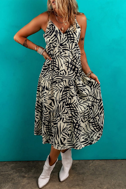 Tropical Elegance: Khaki Palm Print Dress - The Charming Petite