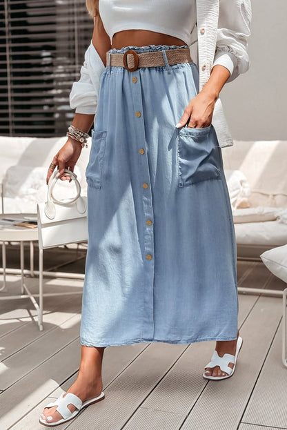 Versatile Buttoned Denim Maxi Skirt - The Charming Petite