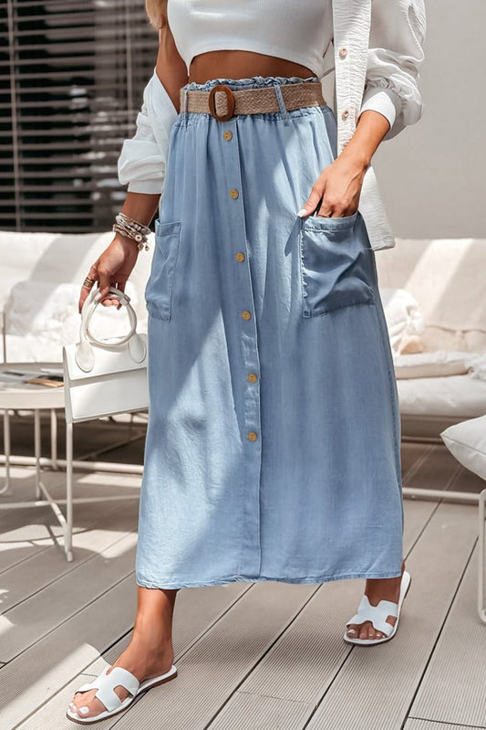 Versatile Buttoned Denim Maxi Skirt - The Charming Petite
