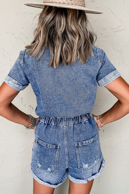 Versatile Dusk Blue Short Sleeve Romper - The Charming Petite