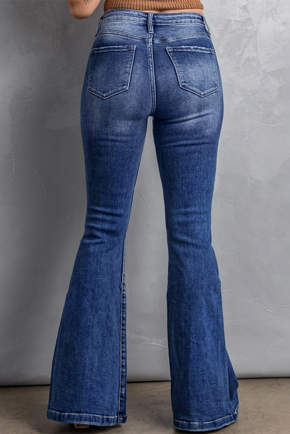 Dark Blue Plus Size Stitching Washed Flare Jeans - The Charming Petite