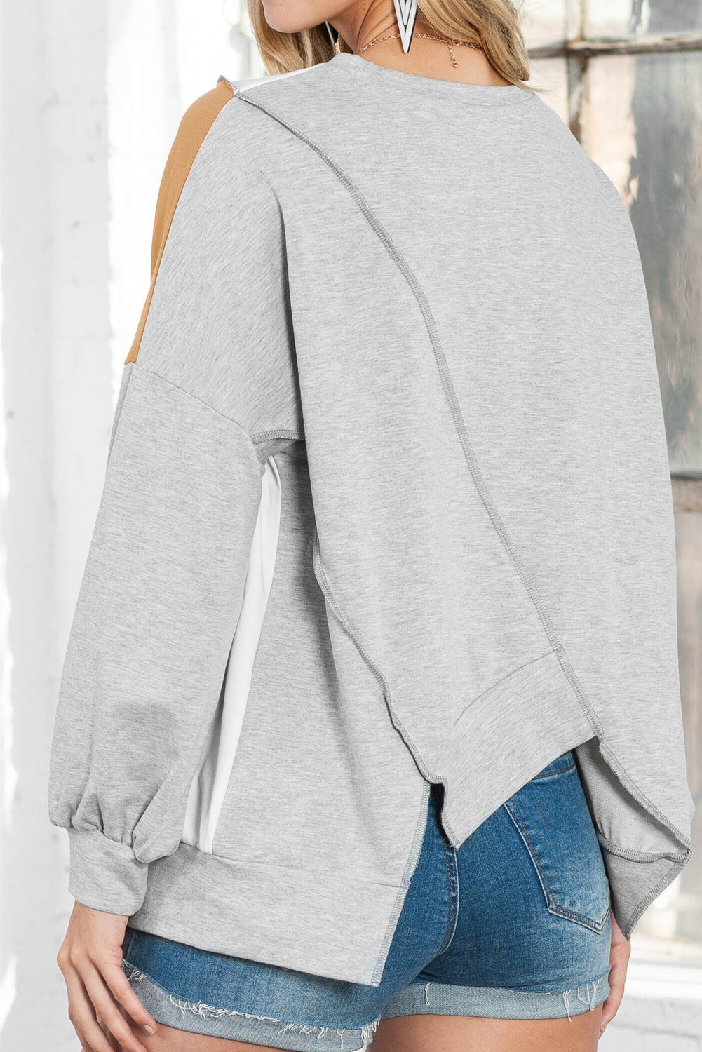 Khaki Colorblock Stitching Asymmetrical  Irregular Hem Long Sleeve Top Back View- The Charming Petite