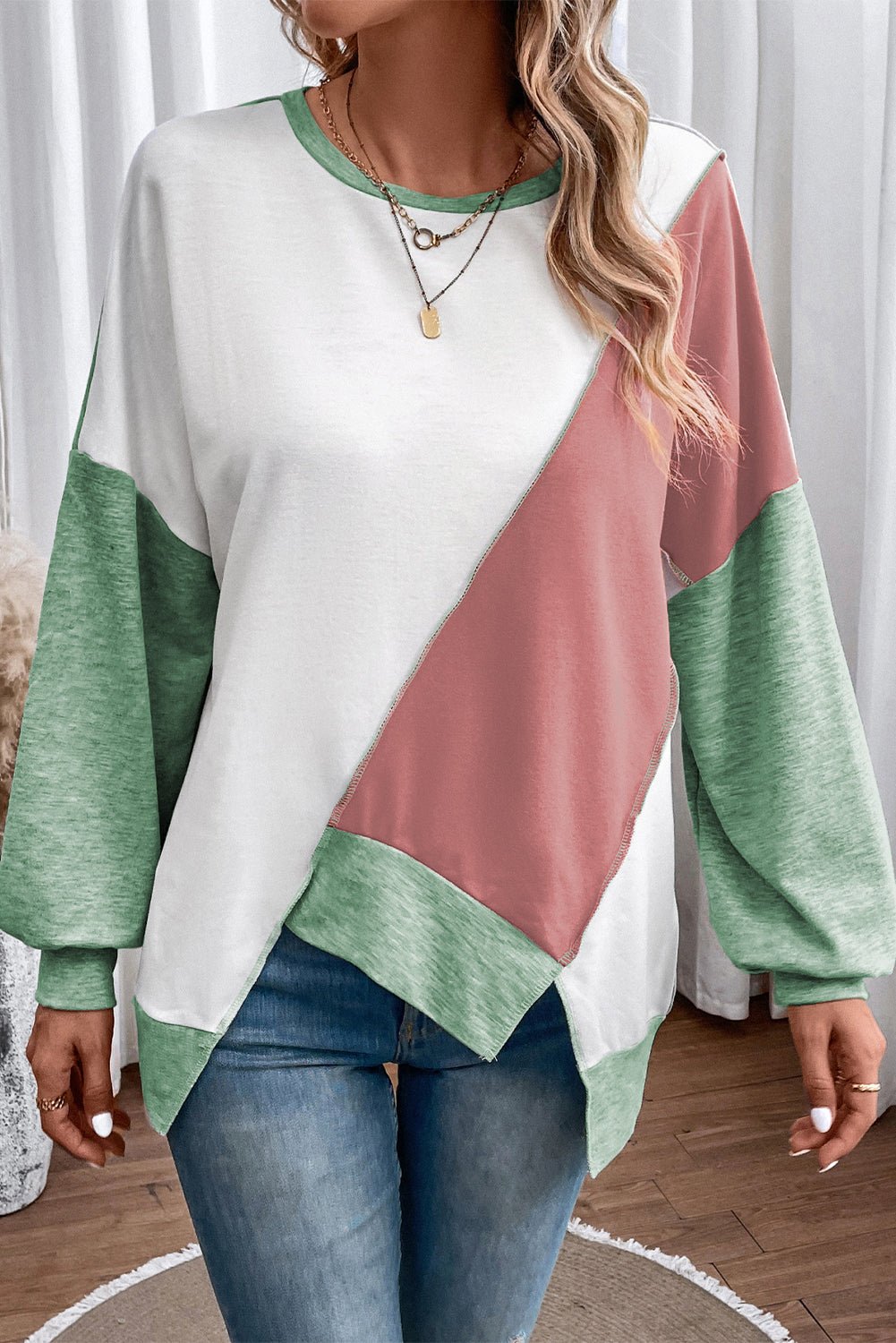 Rose Pink Colorblock Stitching Asymmetrical Irregular Hem Long Sleeve Top Front View - The Charming Petite