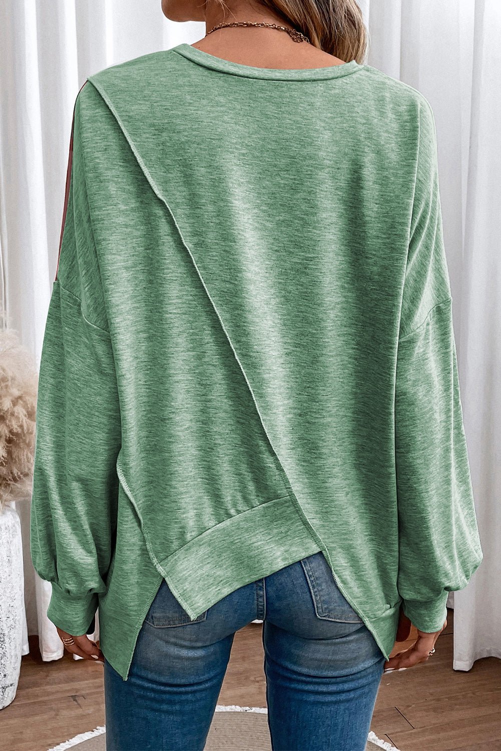Rose Pink Colorblock Stitching Asymmetrical Irregular Hem Long Sleeve Top Back View- The Charming Petite