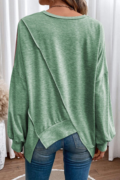 Rose Pink Colorblock Stitching Asymmetrical Irregular Hem Long Sleeve Top Back View- The Charming Petite